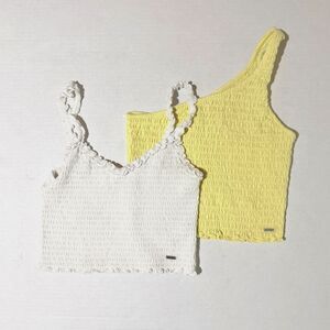 Hollister Smocked Stretchy Summer Cropped Top Set, S, White Yellow 2pc Shirred